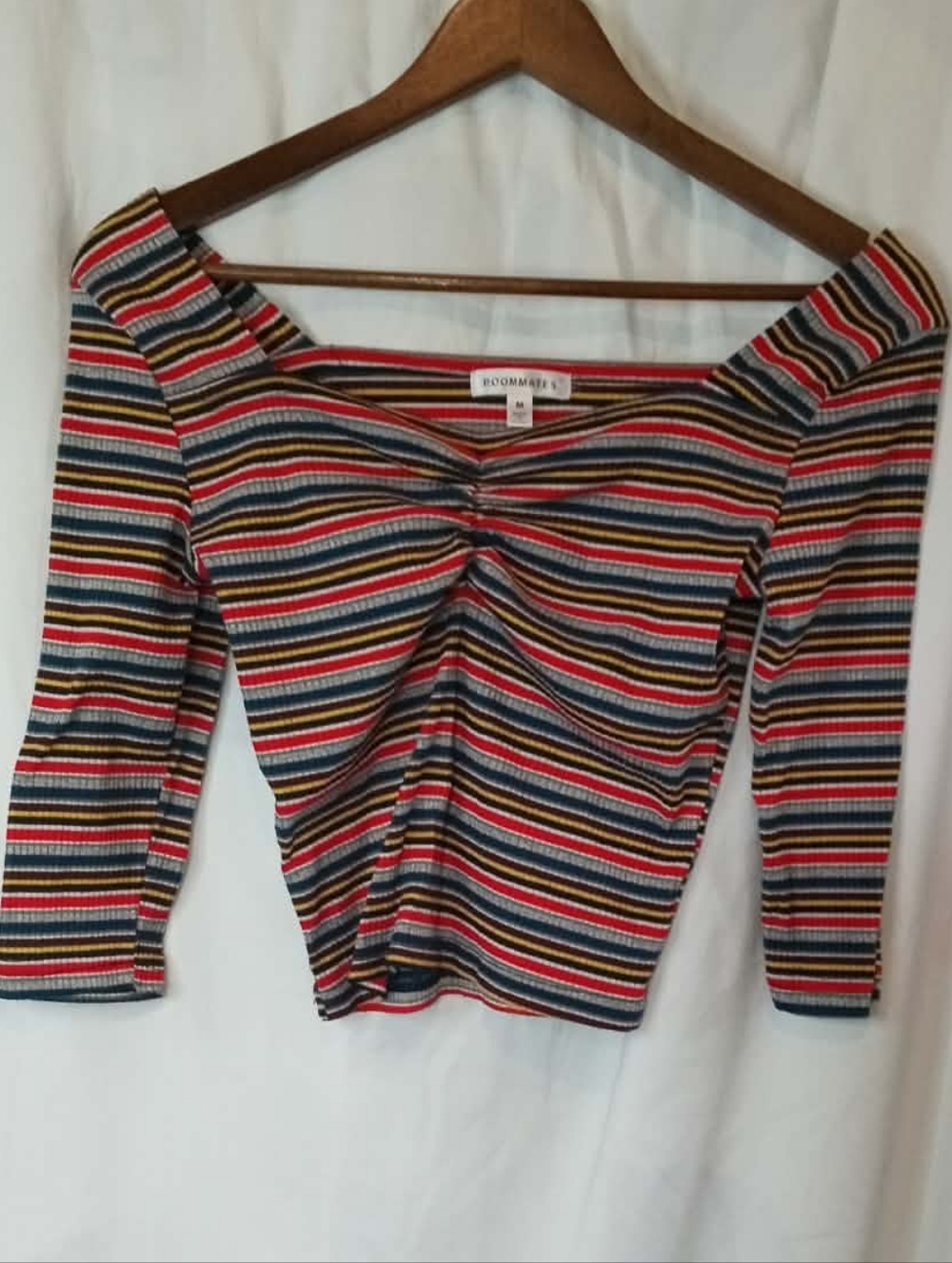 Roommates Striped Off-Shoulder Cropped Shirt Red Blue Yellow Black 70s 80s 90s M - Picture 1 of 5